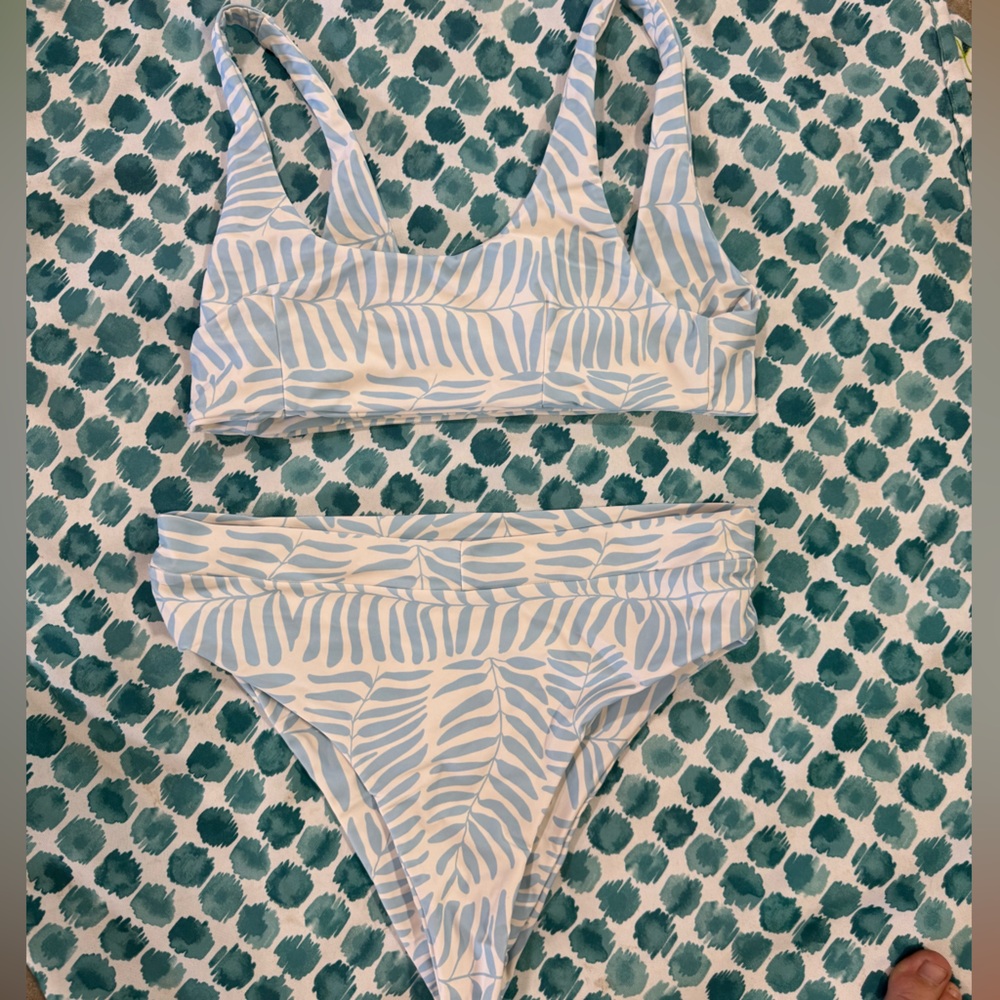 Light Blue and White Leaf Print Bikini